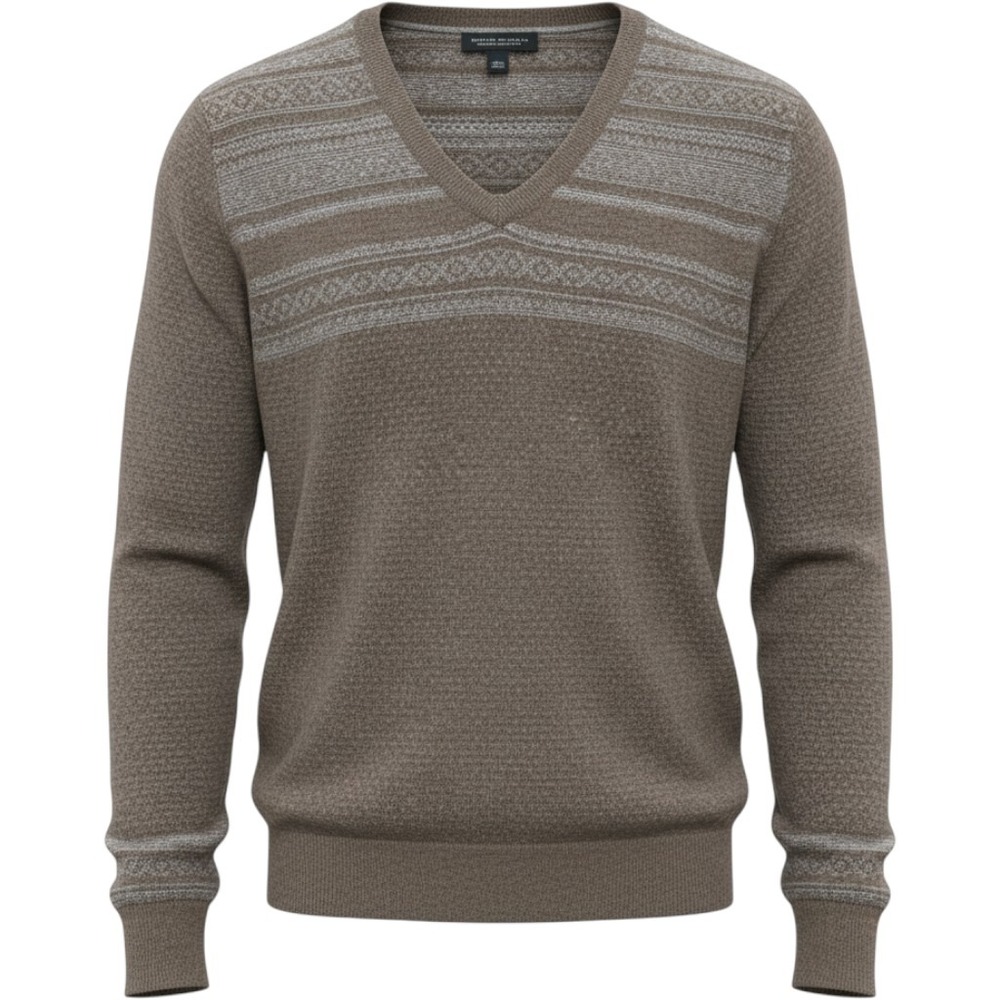 Banana Republic Mens V-Neck Sweater Brown Wool Cashmere Italian Yarn Fair Isle L